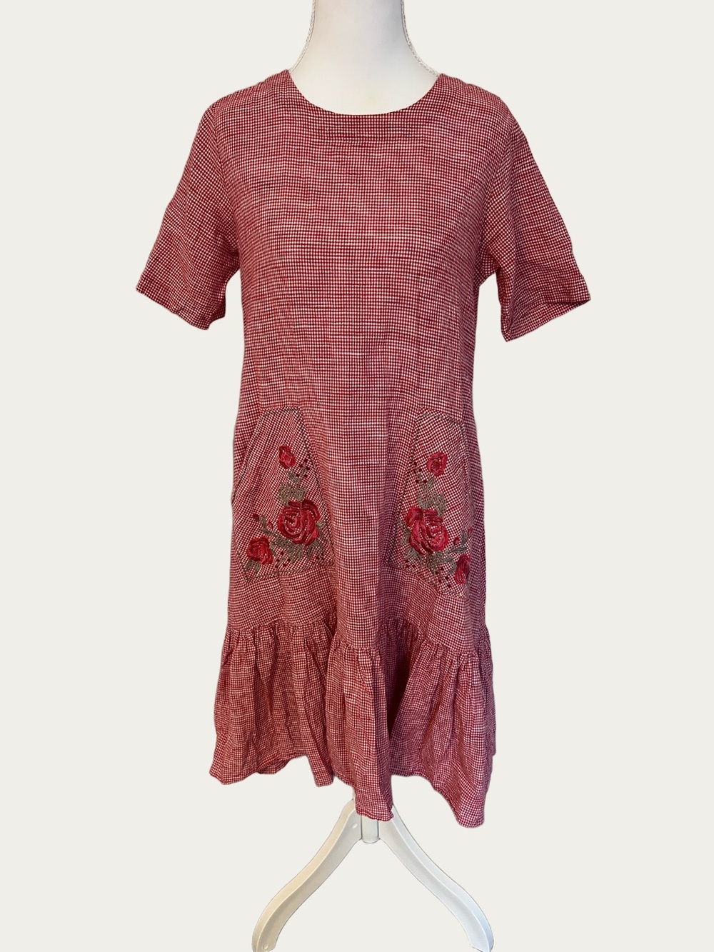Bombay Paisley Women's Red Midi Gingham Dress with Rose Embroidery Pockets XS